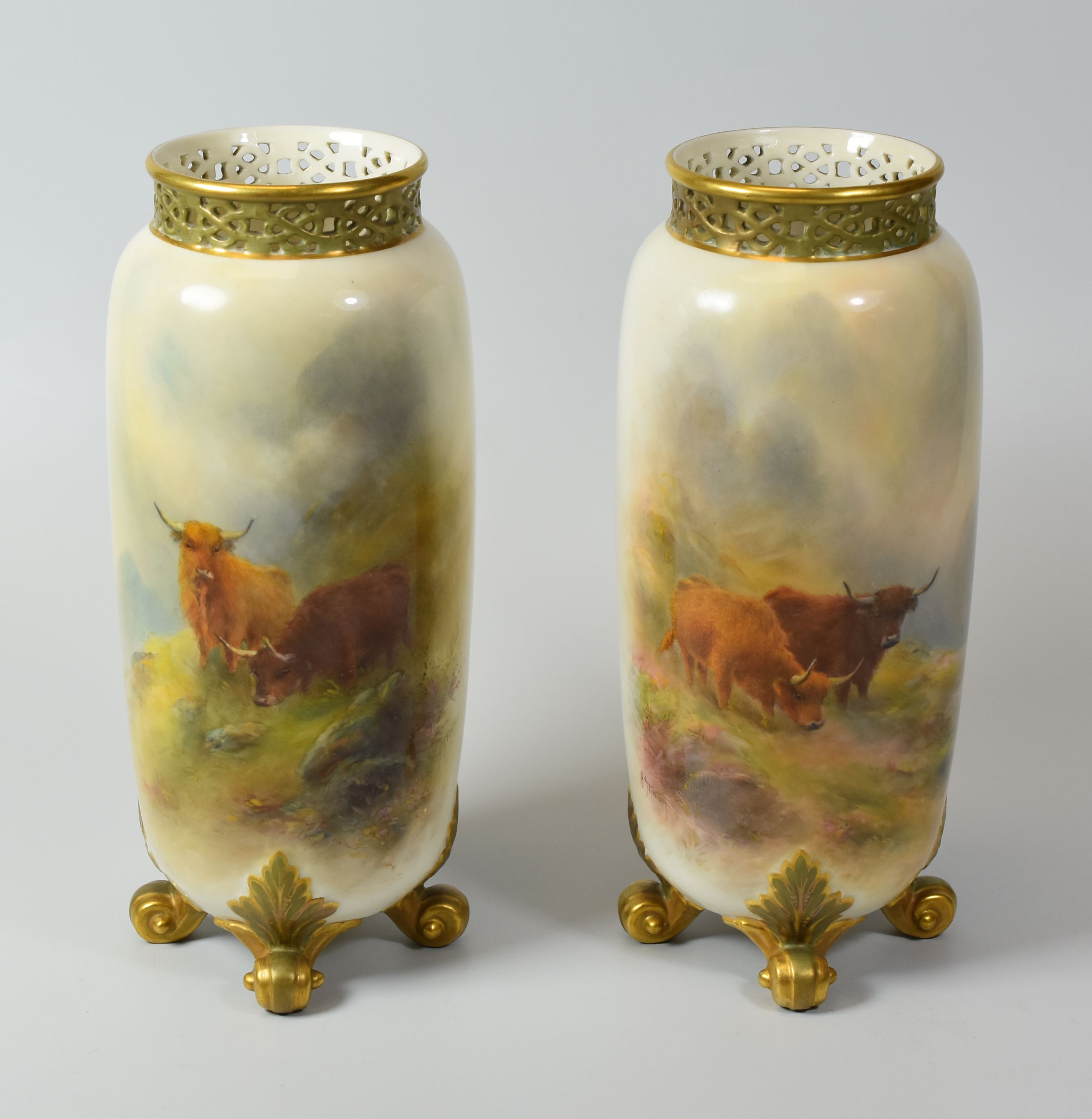 A PAIR OF ROYAL WORCESTER VASES DECORATE BY HARRY STINTON Shape No. G42 of tubular form on four