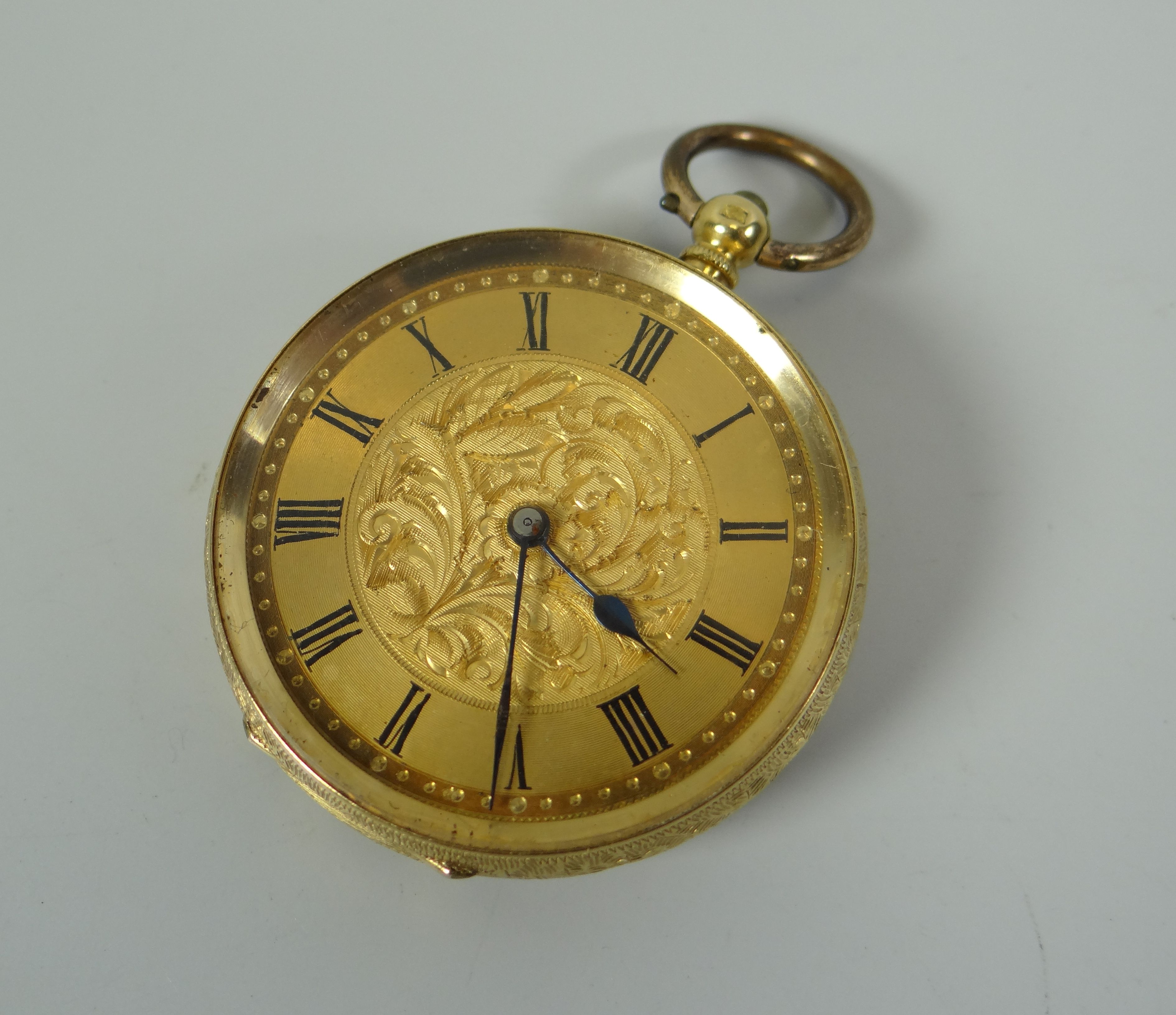 AN 18CT YELLOW GOLD BRIGHT-CUT FOB WATCH bearing Roman numerals to the engraved dial, 33gms