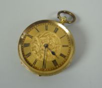 AN 18CT YELLOW GOLD BRIGHT-CUT FOB WATCH bearing Roman numerals to the engraved dial, 33gms