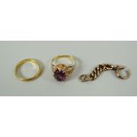 A 22CT YELLOW GOLD BAND RING, 3.53gms, a small 9ct gold item, 4gms and another antique ring, non-