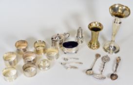 A PARCEL OF MIXED SILVER TABLEWARE including pepperette, salt & mustard pot, eight napkin rings etc