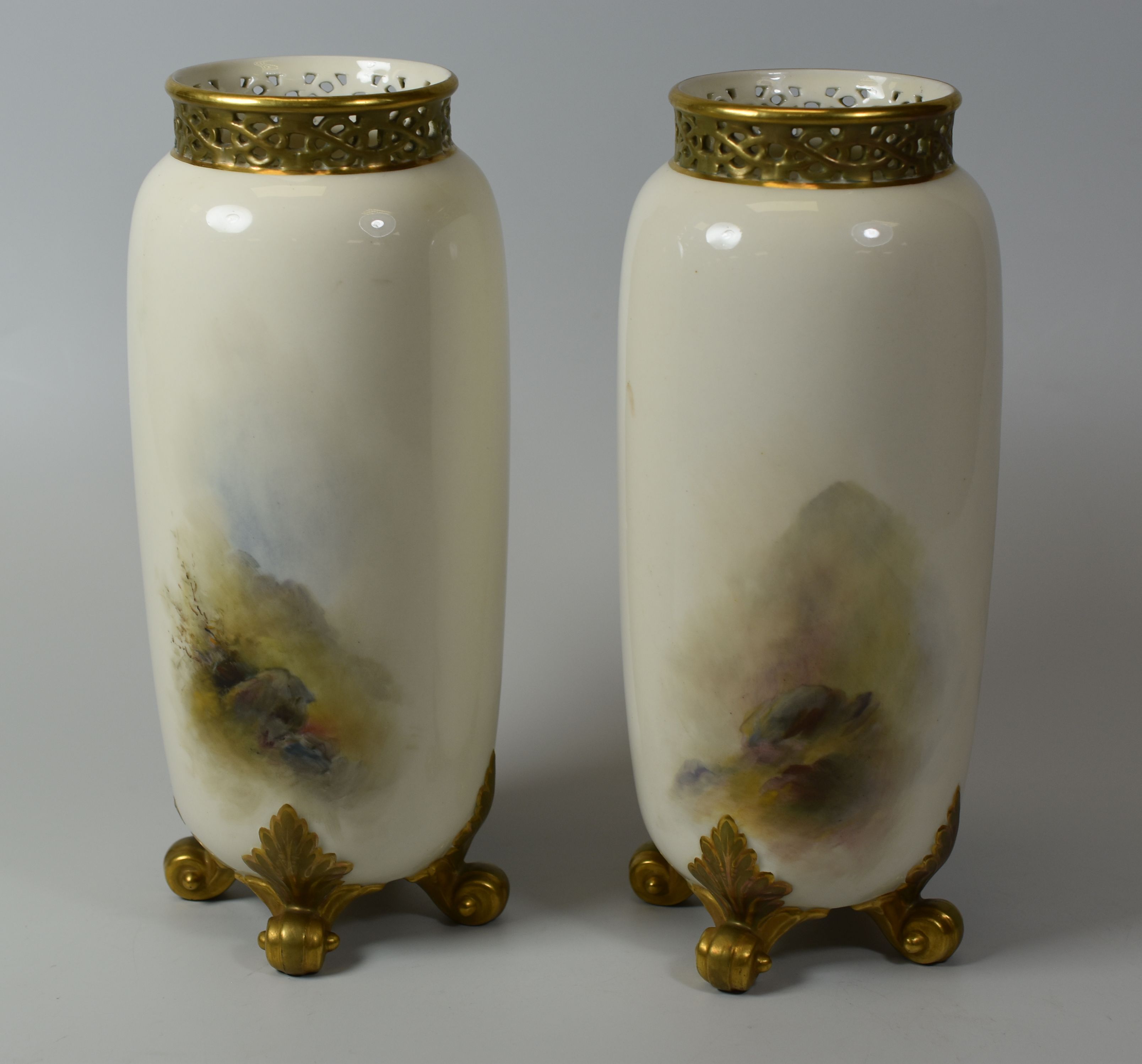 A PAIR OF ROYAL WORCESTER VASES DECORATE BY HARRY STINTON Shape No. G42 of tubular form on four - Image 2 of 2