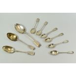 A PARCEL OF SILVER SPOONS comprising set of six bright-cut tea-spoons, London 1887 and three