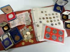 A QUANTITY OF COMMEMORATIVE COINAGE, OLDER CURRENCY, MEDALLIONS, A CASED CIVIL MEDAL, Russian