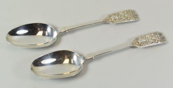 A PAIR OF SILVER COMMEMORATIVE SPOONS with crested and engraved terminals for the Royal Jersey