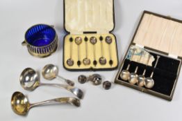 A PARCEL OF MIXED SILVER TABLEWARE including pair of ladles, Georgian silver caddy-spoon, a cased