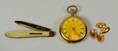 A GENT'S PARCEL comprising mother-of-pearl handled silver bladed fruit-knife, rolled-gold pocket