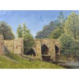 J A NORRIS oil on board - stone bridge over river with trees, entitled verso 'Cromford Bridge',