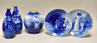 A PARCEL OF ROYAL DOULTON FLOW-BLUE comprising pair of ovoid narrow necked vases, a bulbous vase and