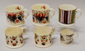 FIVE STAFFORDSHIRE POTTERY MUGS including a Dr. Franklin's Temperance campaign mug, gaudy Welsh etc