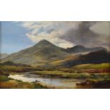 SIDNEY RICHARD PERCY oil on canvas - sunlit mountain landscape with river, cattle watering and