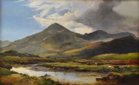 SIDNEY RICHARD PERCY oil on canvas - sunlit mountain landscape with river, cattle watering and