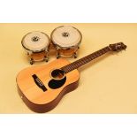 A CASED MODERN INDONESIAN ACOUSTIC GUITAR & SET OF DRUM-BEAT BONGOS