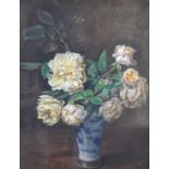 WILLIAM FIRTH oil on board - still life of roses in a blue and white vase, signed, 50 x 40cm