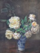 WILLIAM FIRTH oil on board - still life of roses in a blue and white vase, signed, 50 x 40cm