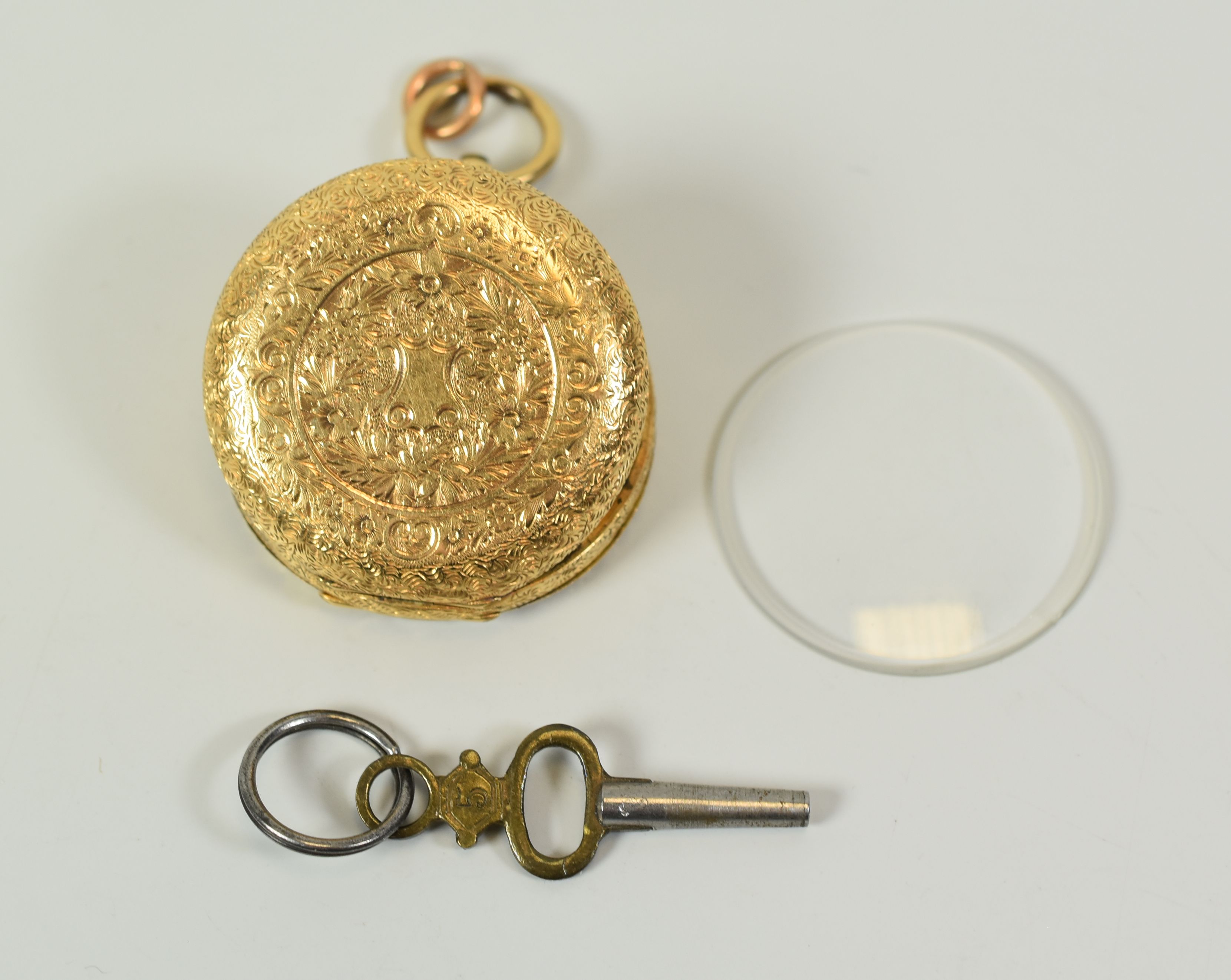 AN 18K GOLD OPEN FACE POCKET WATCH with key for winding and box, fully engraved case and Roman - Image 2 of 2