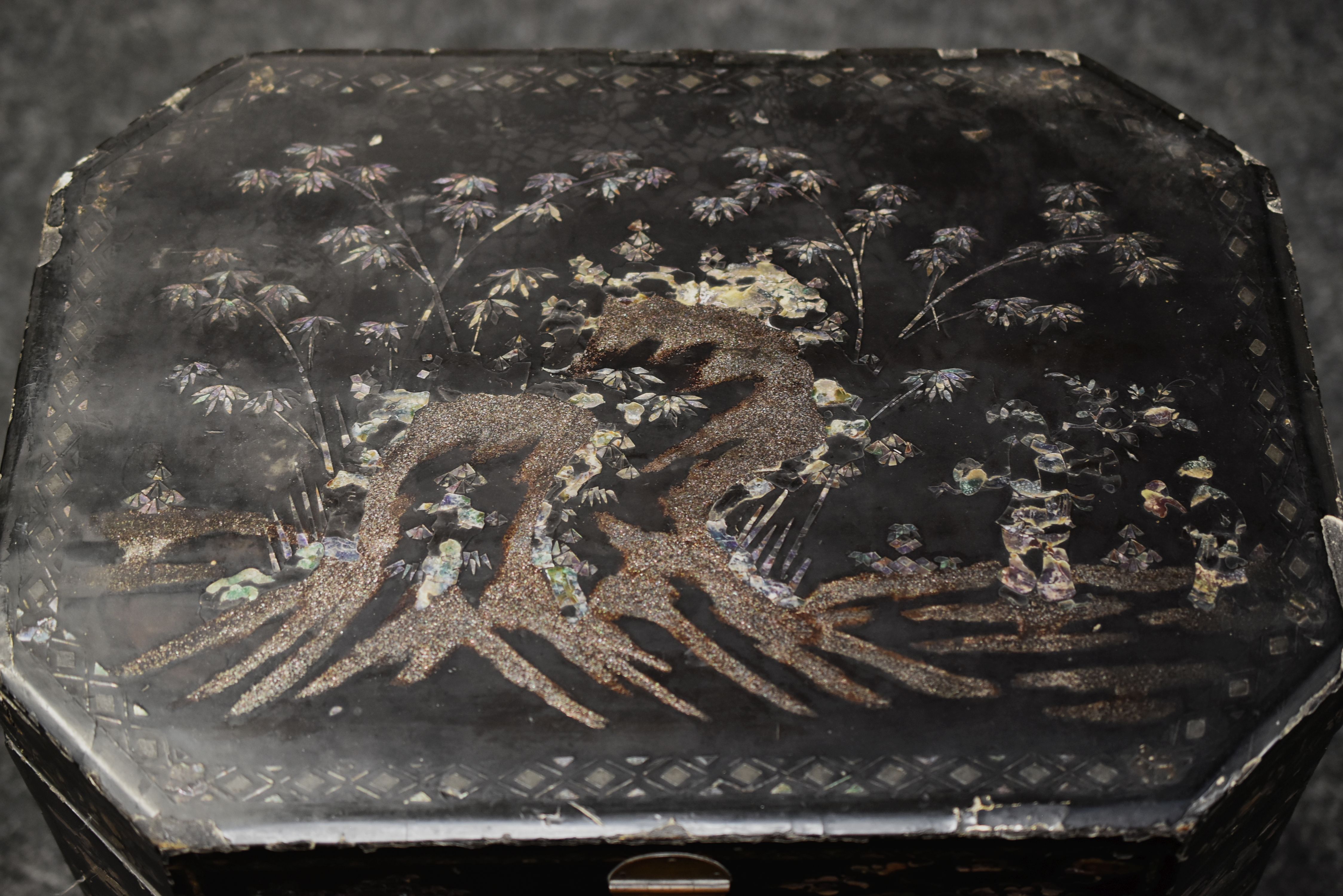 A MOTHER OF PEARL INLAID LACQUER-WARE STORAGE TABLE circa 1880-1900 Provenance: great-great uncle - Image 5 of 5