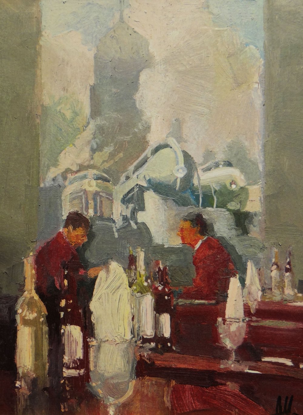 KEN AUSTER (American b. 1949) giclee canvas print - two seated male diners, signed, 40 x 30cms