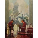 KEN AUSTER (American b. 1949) giclee canvas print - two seated male diners, signed, 40 x 30cms
