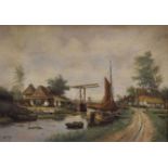 A J FELS oil on canvas - Dutch canal scene with moored boats, bridge and distant windmill, signed,