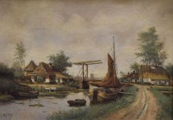 A J FELS oil on canvas - Dutch canal scene with moored boats, bridge and distant windmill, signed,