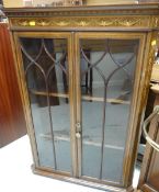A PAINTED MAHOGANY TWO DOOR GLAZED HANGING CORNER CABINET, 112cms high
