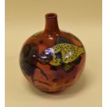 A TWENTIETH CENTURY LUSTRE FISH DECORATED VASE onion shaped with narrow bottle neck, orange and