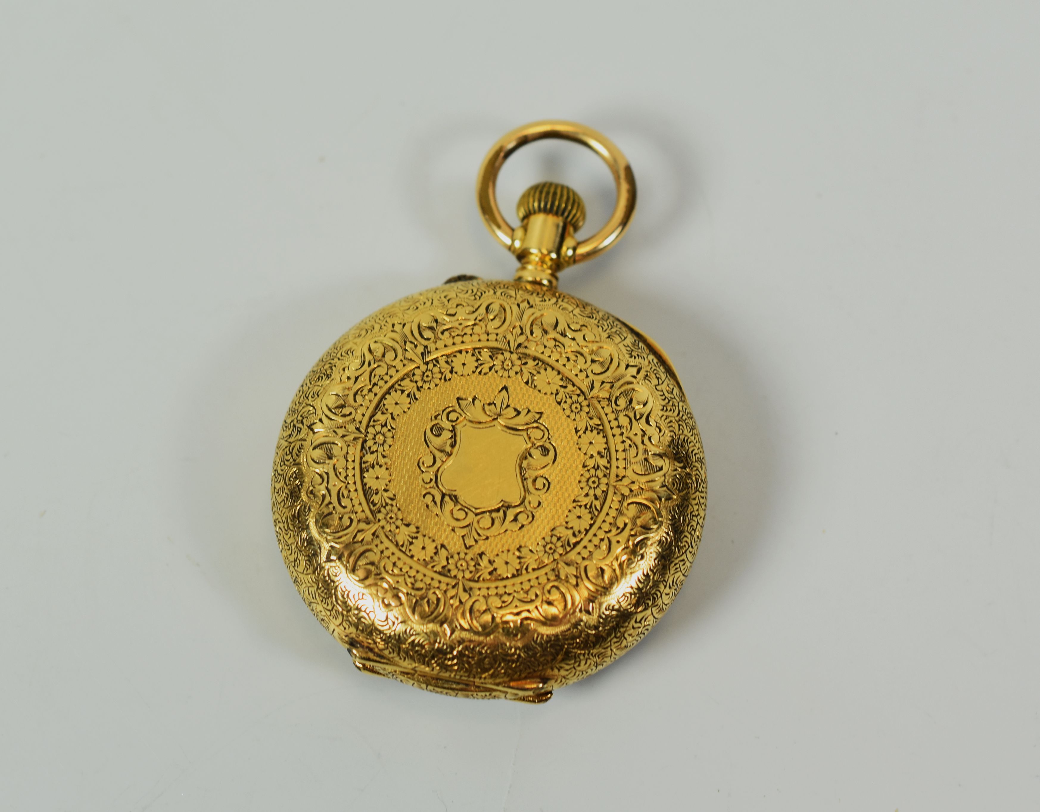 AN 18K YELLOW GOLD LADIES FOB WATCHES open-faced with stem wind, the dial with Roman numerals and - Image 2 of 2