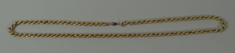 A LONG 9CT YELLOW GOLD ROPE-TWIST NECKLACE, 9.8gms