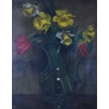 WILLIAM FIRTH oil on canvas - still life, daffodils and tulips in a glass jug, signed, 50 x 40cms