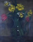 WILLIAM FIRTH oil on canvas - still life, daffodils and tulips in a glass jug, signed, 50 x 40cms
