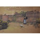 CECIL ALDIN print from a pastel drawing - elderly female herding geese in front of large house,