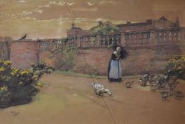 CECIL ALDIN print from a pastel drawing - elderly female herding geese in front of large house,