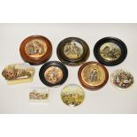 NINE ASSORTED PRATT WARE POT LIDS including the vignette with the debauched 'UNCLE TOBY' another