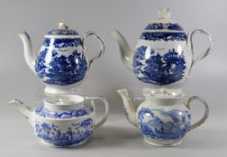 FOUR BLUE & WHITE TRANSFER TEAPOTS comprising a matching Chinoiserie decorated pair with flat