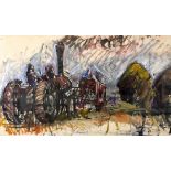 GERALD CAINS RWA acrylic, gouache and ink - steam tractor and threshing machine, entitled verso '