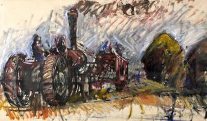 GERALD CAINS RWA acrylic, gouache and ink - steam tractor and threshing machine, entitled verso '