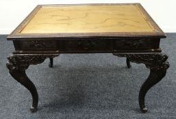 AN UNUSUAL CHINESE CARVED TABLE with inset brass top, the brass engraved with a floral border and