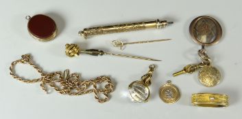 A PARCEL OF YELLOW GOLD / METAL / UNMARKED GOLD including bright-cut 9ct retractable pencil, an