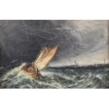 EDWARD WORSLEY oil on canvas - maritime scene, single mast fishing boat in rough seas, label