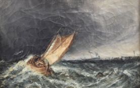 EDWARD WORSLEY oil on canvas - maritime scene, single mast fishing boat in rough seas, label