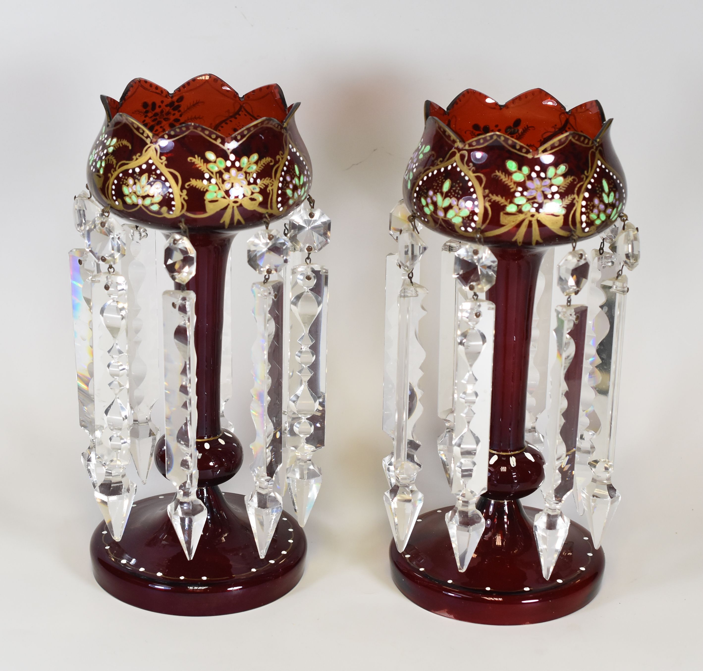 A PAIR OF PAINTED RUBY GLASS DROP-LUSTRE VASES, with coronet tops, 28cms high