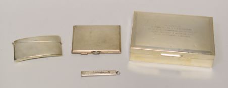 FOUR SILVER ITEMS comprising wood lined cigarette box with RAF inscription, 14cms wide, a 1930s