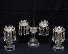 A THREE PIECE CUT-GLASS CANDLEHOLDER GARNITURE