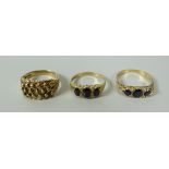 THREE YELLOW GOLD RINGS, two marked for 9ct, the third hallmarked but unclear, 12gms