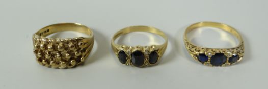 THREE YELLOW GOLD RINGS, two marked for 9ct, the third hallmarked but unclear, 12gms