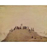 L S LOWRY print - figures walking on headland with view out to sea, signed in pencil, embossed stamp