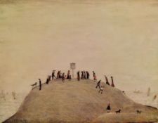 L S LOWRY print - figures walking on headland with view out to sea, signed in pencil, embossed stamp