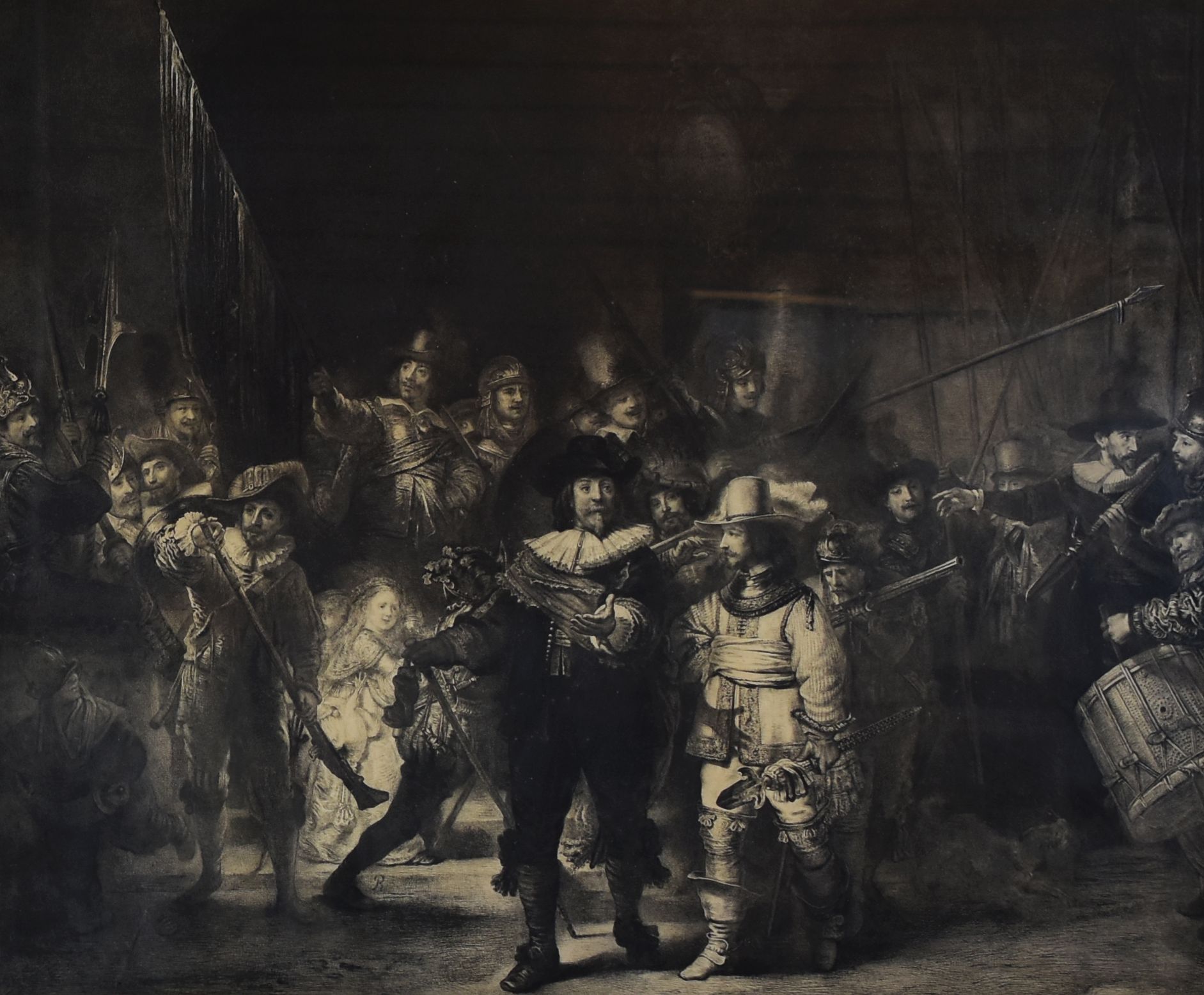 AFTER REMBRANDT etching - 'The Night Watch', signature to margin, 71 x 95cms