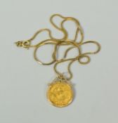 A GOLD HALF-SOVEREIGN mounted to a fine 9ct yellow gold necklace, approx 3.4gms (8.3gms total)